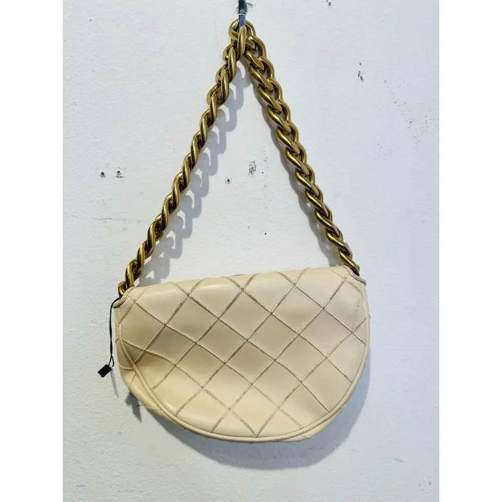 TORY BURCH Neutral White Leather Gold Chain Link Handle Shoulder Strap Bag Purse